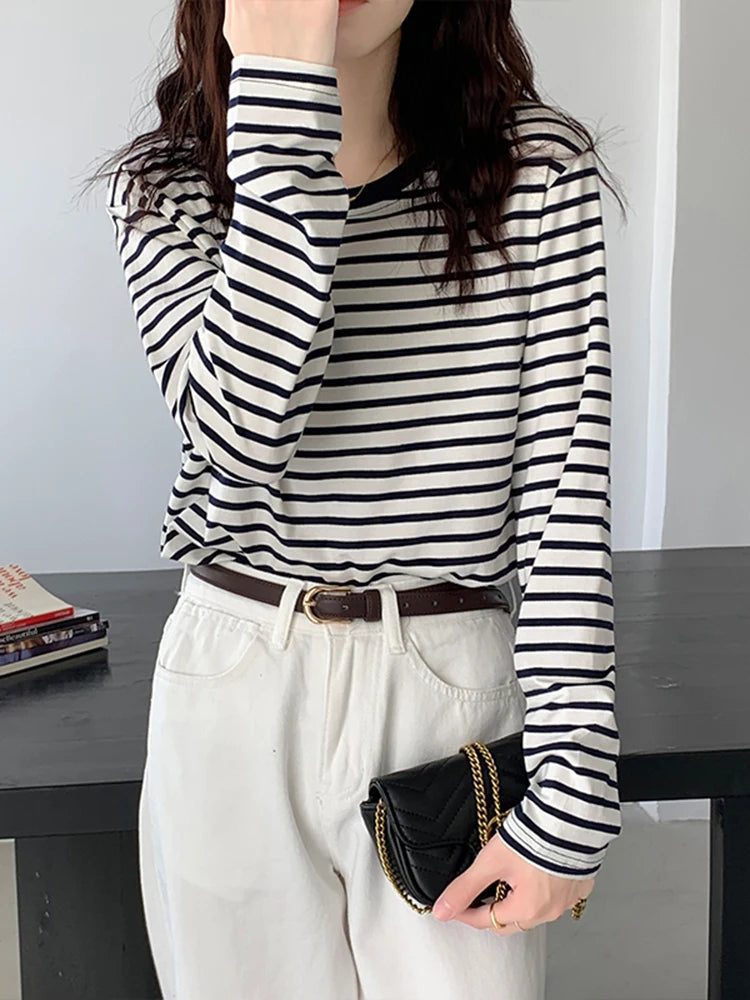 Women's Striped Long Sleeve Cotton T-Shirt