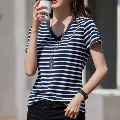 Women's Striped V-Neck Cotton Summer T-Shirt