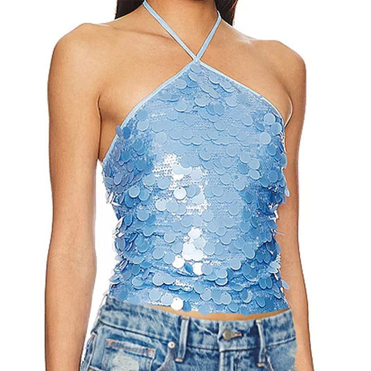 Sequin Beaded Halter Crop Top Women