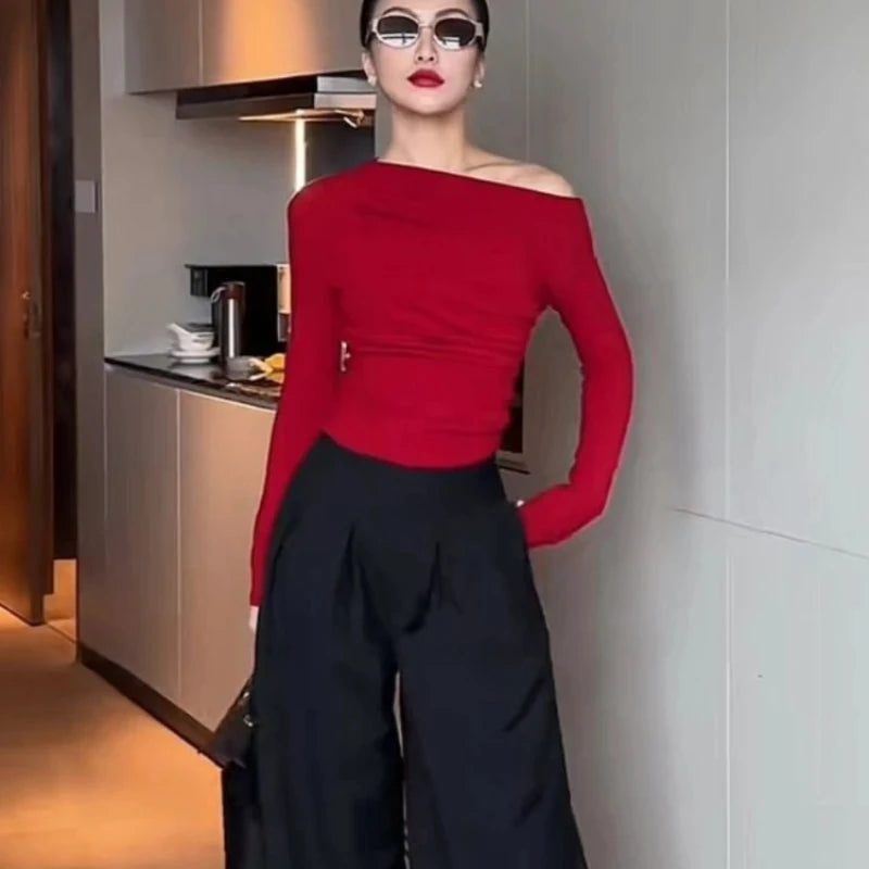 Red Off Shoulder Cotton T-Shirts for Women