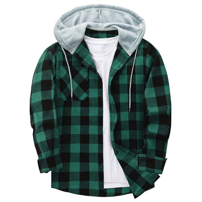 Men's Casual Plaid Flannel Hooded Shirt