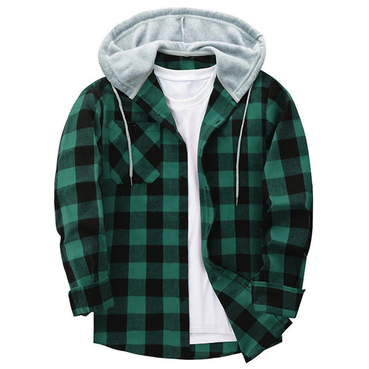 Men's Casual Plaid Flannel Hooded Shirt