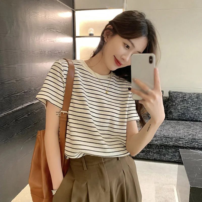 Casual Striped Cotton Tees for Women