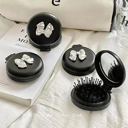 Portable Black Folding Massage Comb with Mirror
