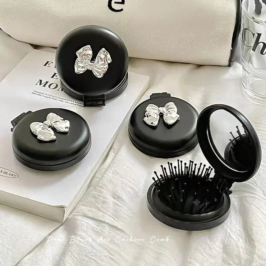 Portable Black Folding Massage Comb with Mirror