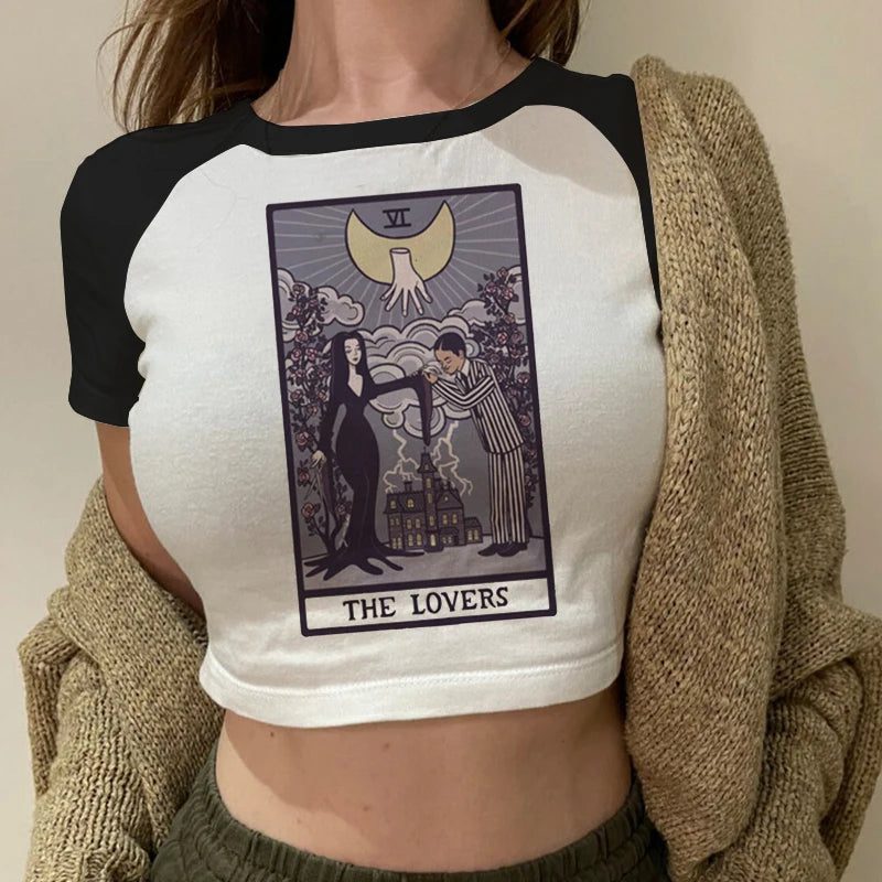 Trendy Women's Cropped T-Shirt with Tarot Print