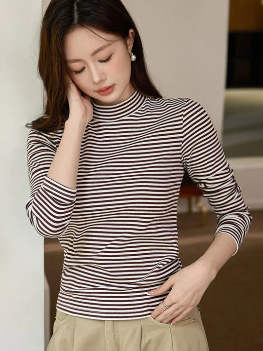 Women's Striped Cotton T-Shirt with Turtleneck