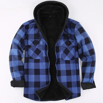 Men's Green Plaid Fleece Hooded Shirt Jacket