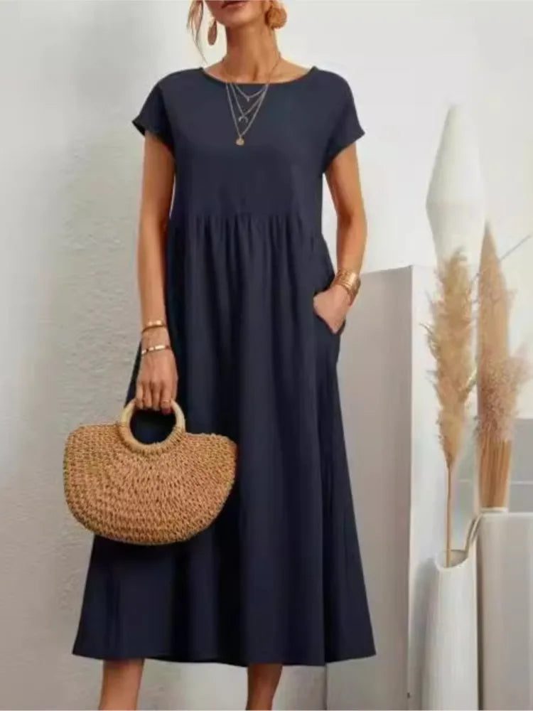 Casual Cotton Midi Dress with Pockets for Women