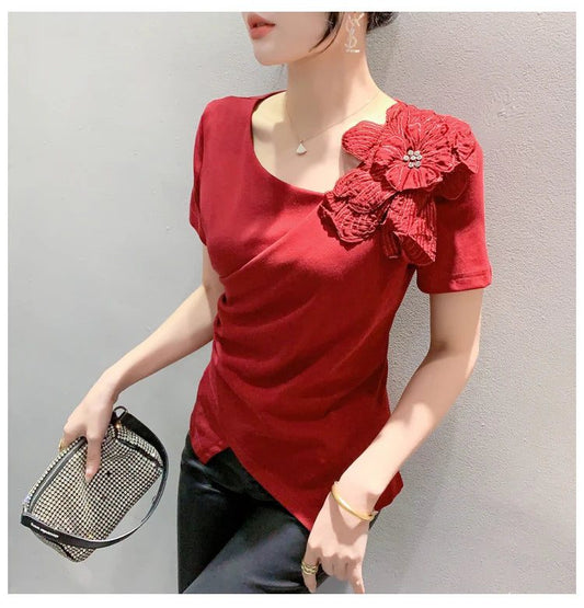 Trendy Red Skew Collar Cotton T-Shirts
