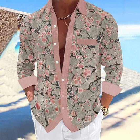 Men's Linen Hawaiian Shirt Ocean Wave Design