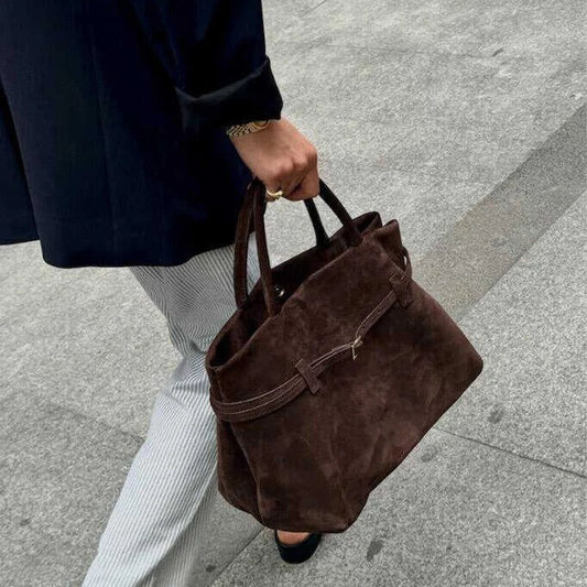 Luxury Brown Suede Handbag with Buckle Design
