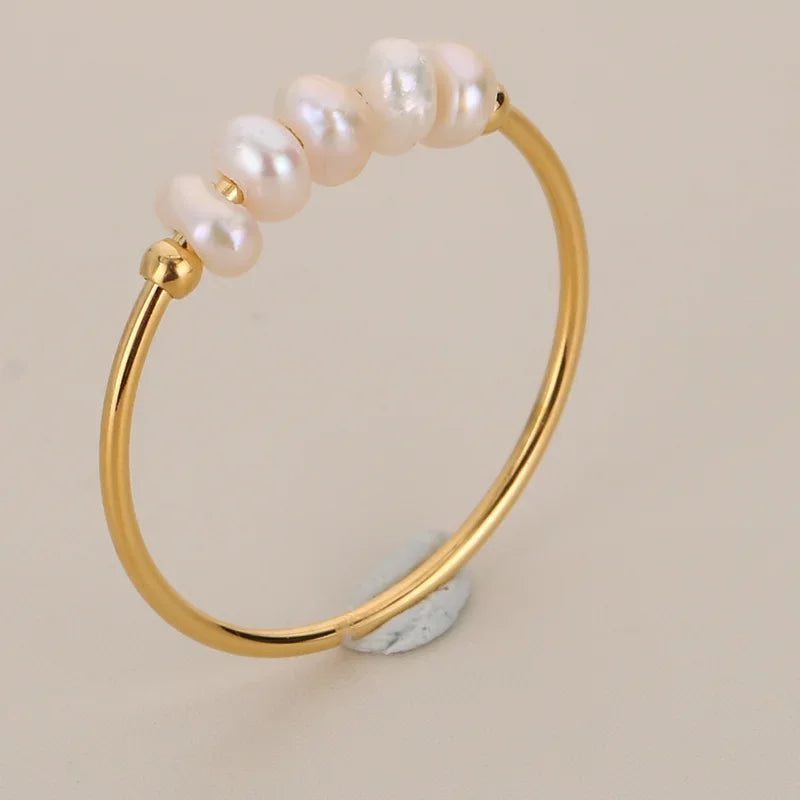 Waterproof Gold Stainless Steel Pearl Ring