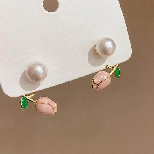 Elegant Pearl Tulip Flower Stud Earrings