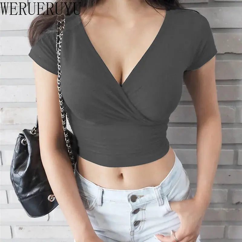 Trendy Black V-Neck Cropped T-Shirt for Women