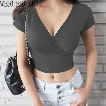 Trendy Black V-Neck Cropped T-Shirt for Women
