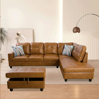 Stylish Leather Sectional Sofa with Storage Ottoman
