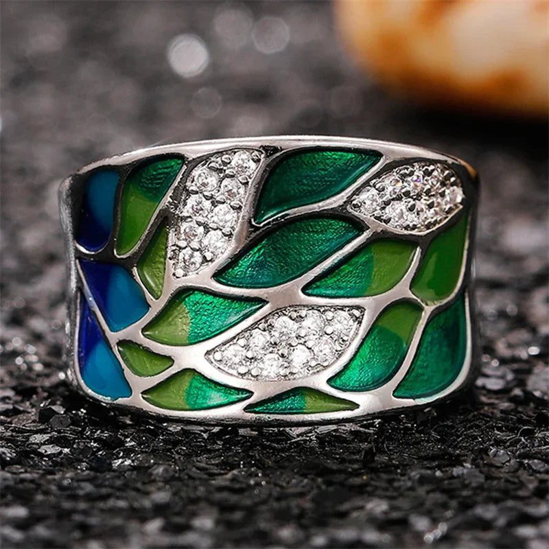 Luxury Green Leaf Enamel Women's Ring