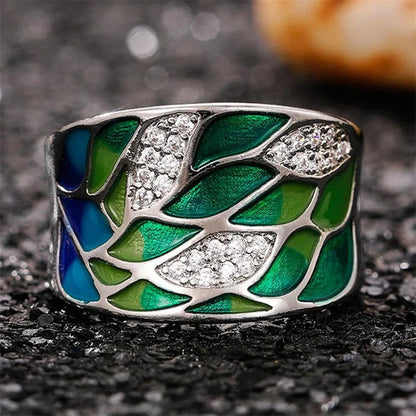 Luxury Green Leaf Enamel Women's Ring