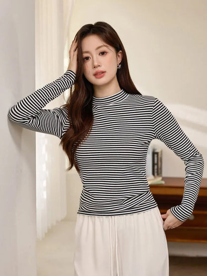 Women's Striped Cotton T-Shirt with Turtleneck