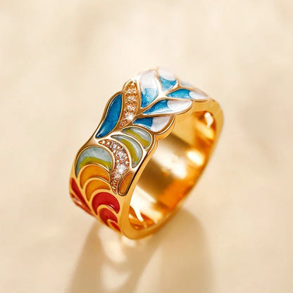 Luxury Green Leaf Enamel Women's Ring