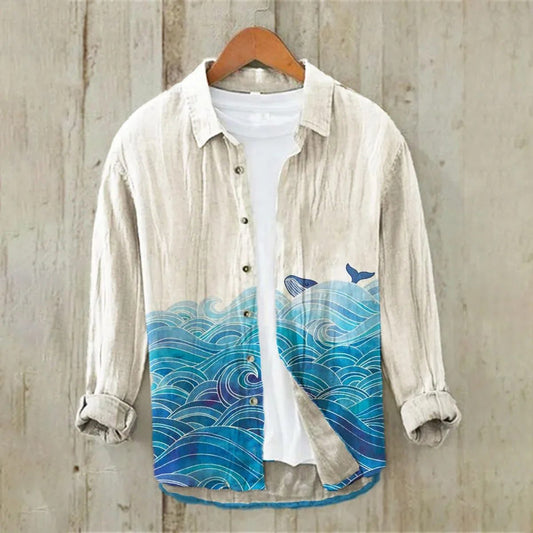 Men's Linen Hawaiian Shirt Ocean Wave Design