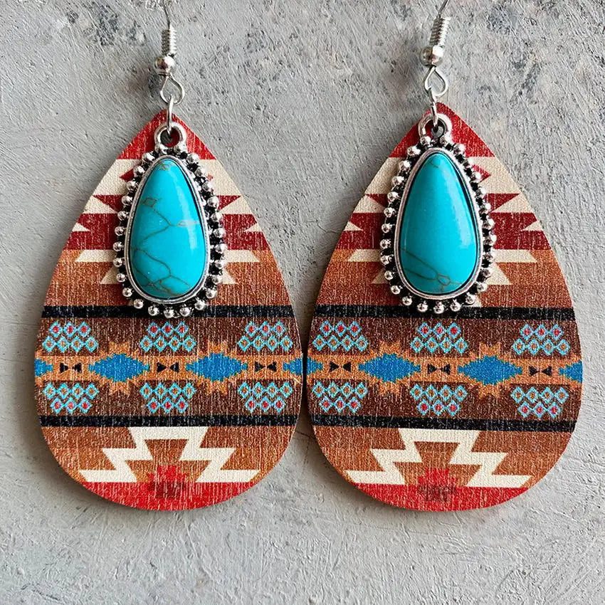 Boho Turquoise Teardrop Earrings with Aztec Design