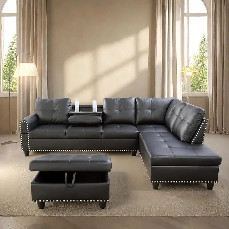 Modern L-Shaped Sofa with Ottoman for Living Room