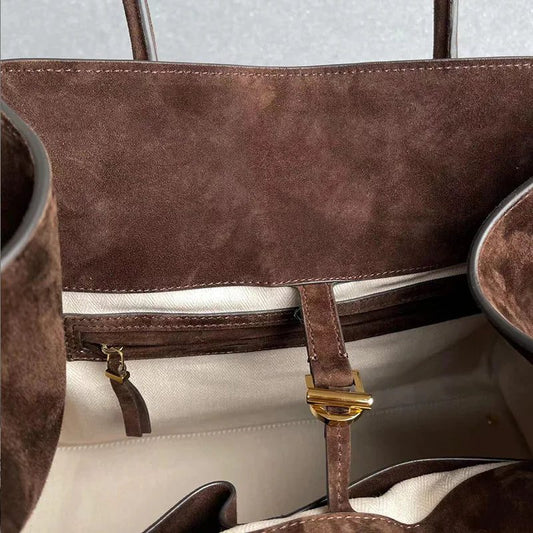 Luxury Brown Suede Handbags with Gold Buckle