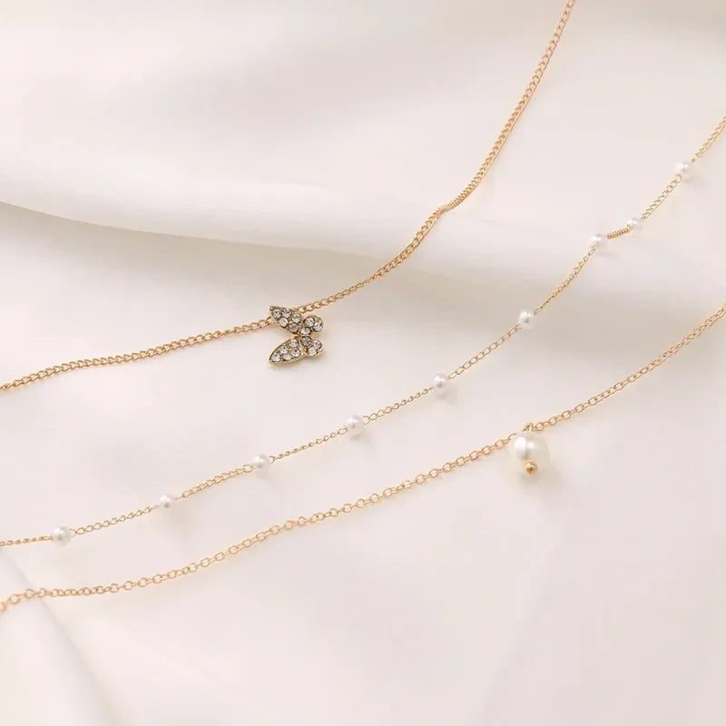 Trendy Butterfly Crystal Pearl Pendant Necklace
