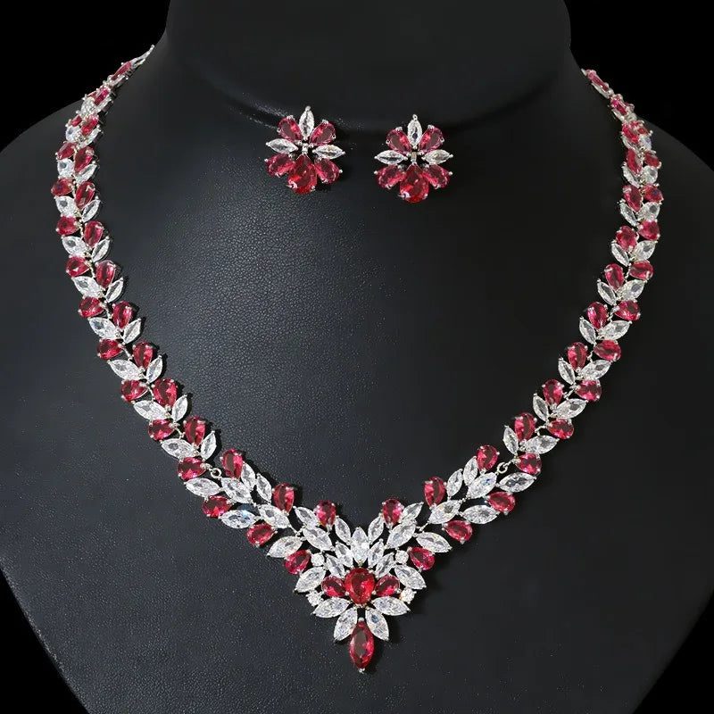 Luxury Retro Red Zirconia Wedding Jewelry Set