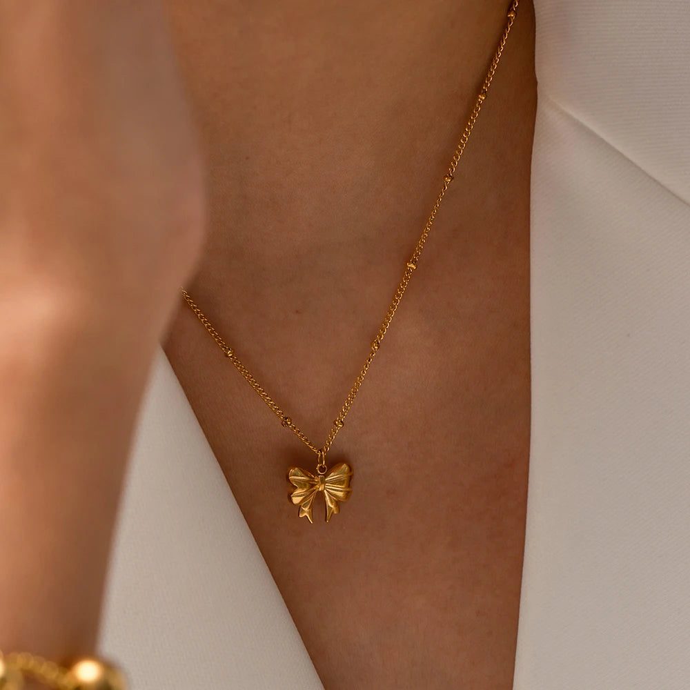 Trendy Waterproof 18K Gold Bow Pendant Necklace