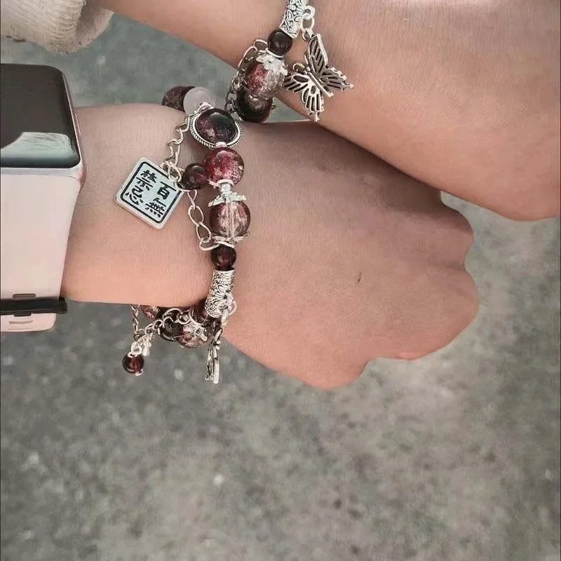 Vintage Red Beaded Butterfly Pendant Bracelet