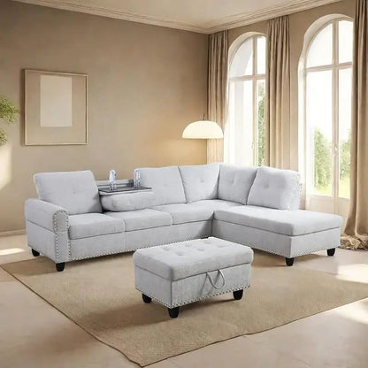 Modern L-Shaped Sofa with Ottoman for Living Room