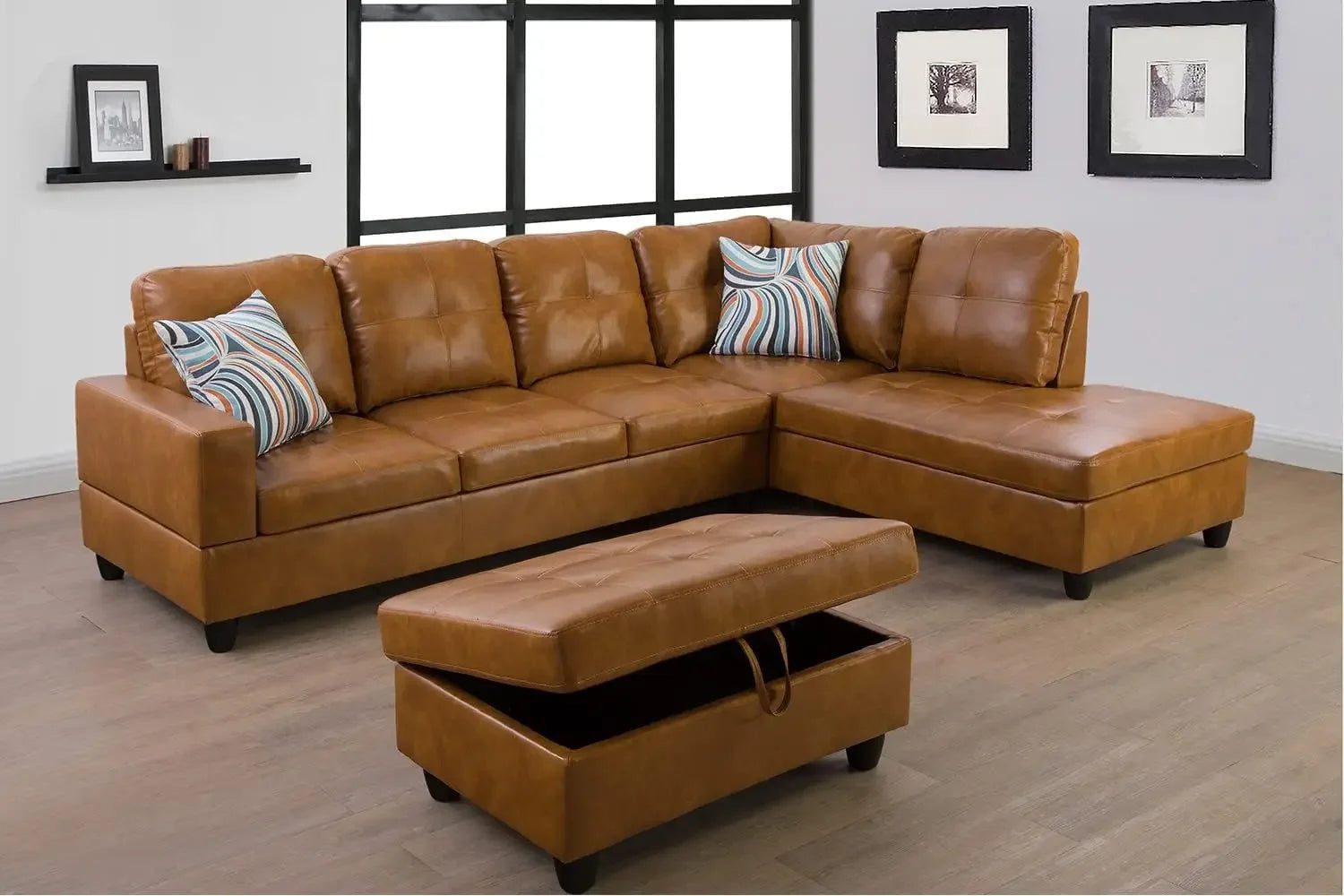 Stylish Leather Sectional Sofa with Storage Ottoman