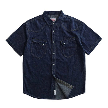 Vintage Indigo Denim Short Sleeve Linen Shirt