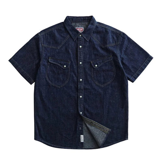 Vintage Indigo Denim Short Sleeve Linen Shirt