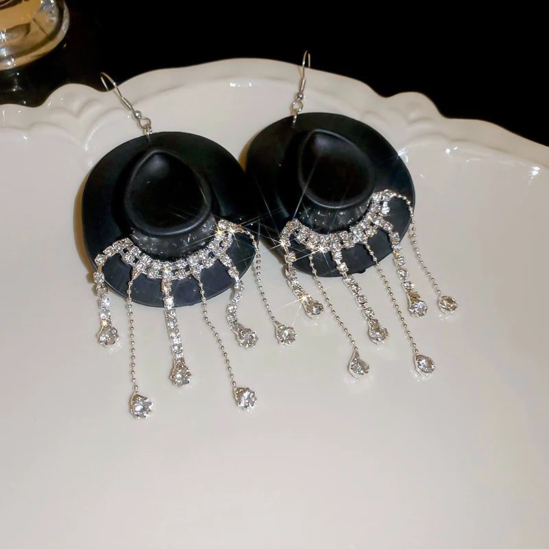 Shiny Rhinestone Cowboy Hat Dangle Earrings