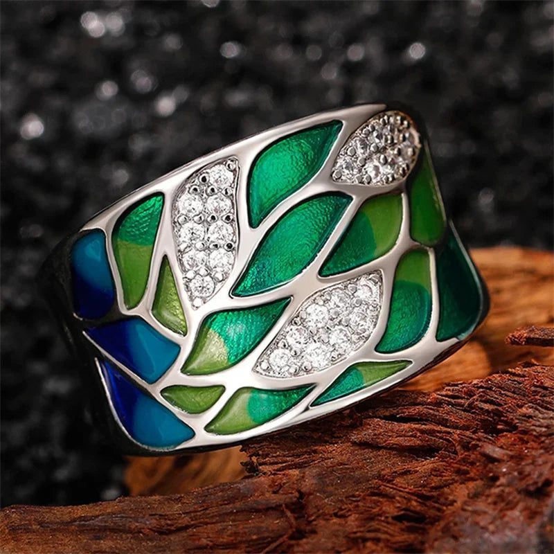 Luxury Green Leaf Enamel Women's Ring