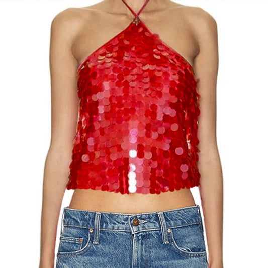 Sequin Beaded Halter Crop Top Women