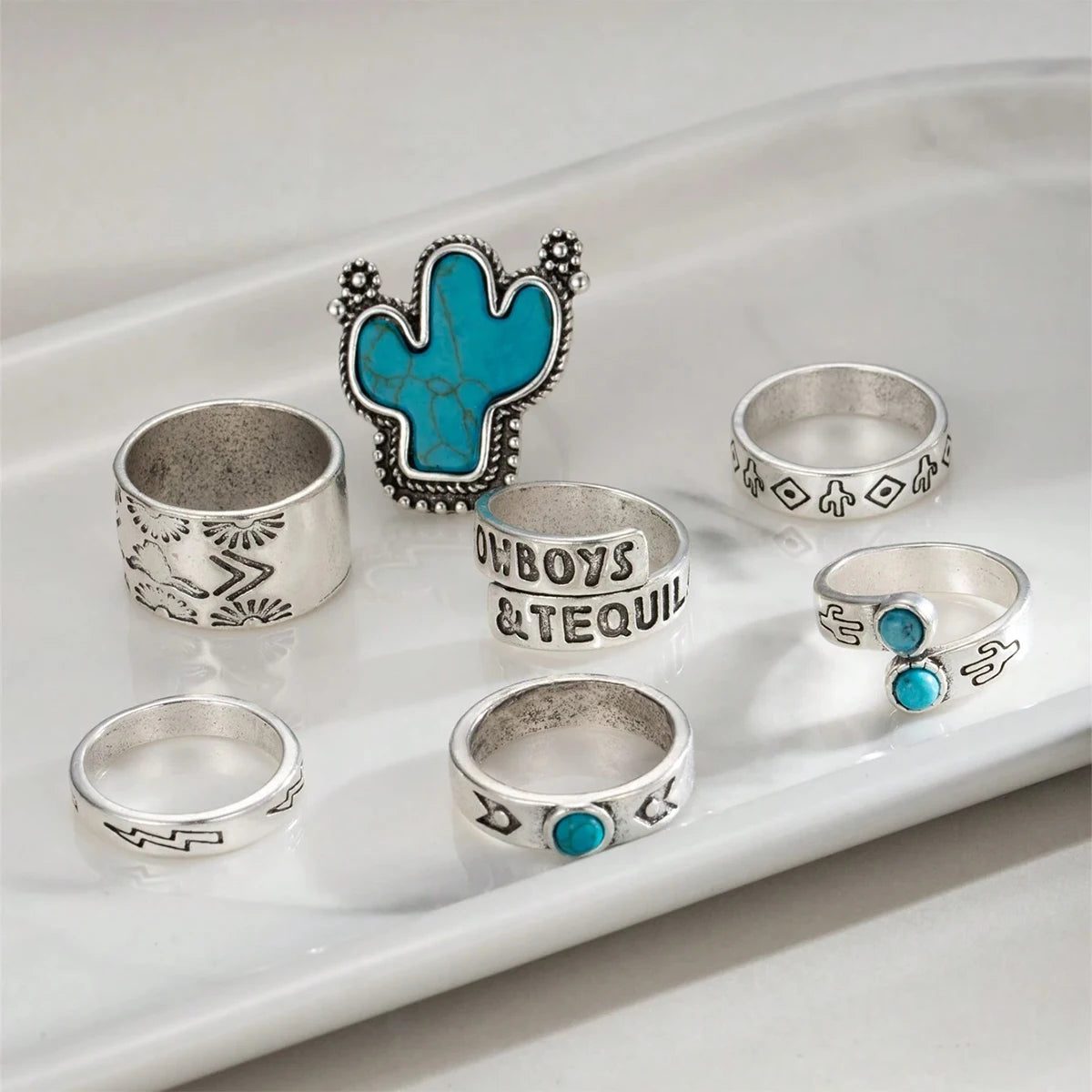 Vintage Western Cowboy Cactus Turquoise Ring Set