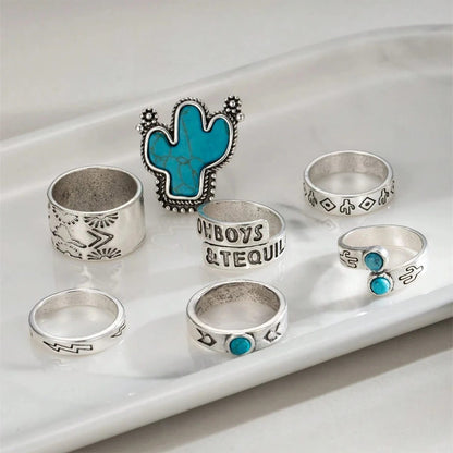 Vintage Western Cowboy Cactus Turquoise Ring Set