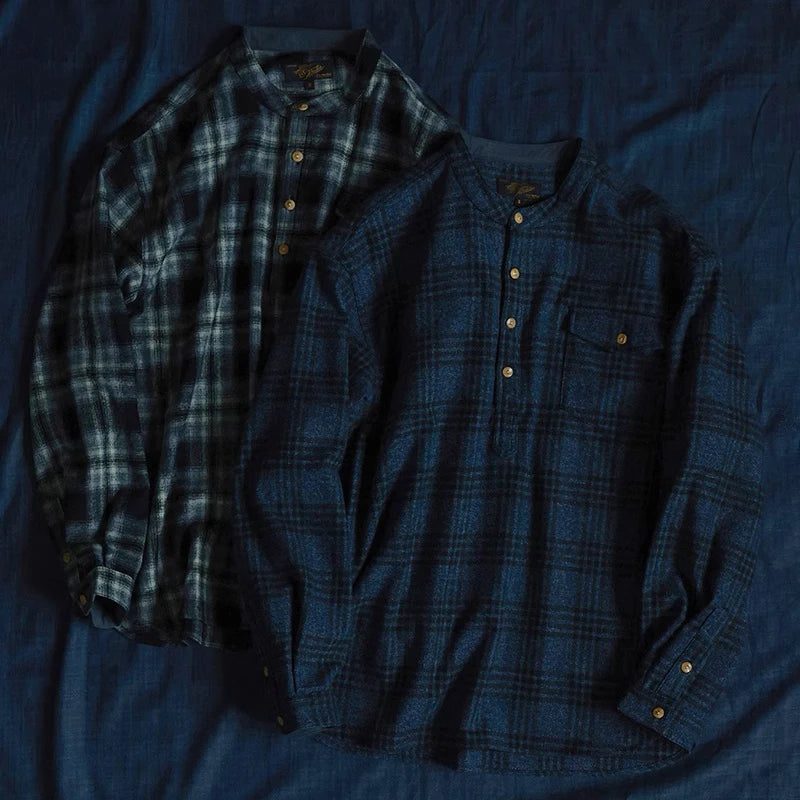 Vintage Men's Plaid Band Collar Flannel Shirt