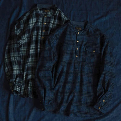 Vintage Men's Plaid Band Collar Flannel Shirt