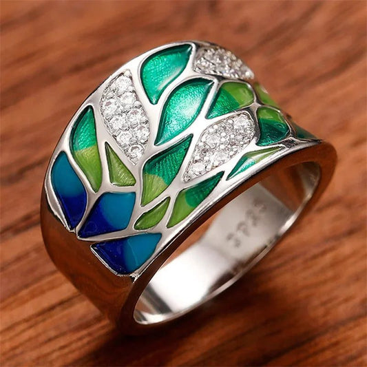 Luxury Green Leaf Enamel Women's Ring