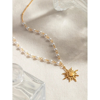 Waterproof Pearl Chain Sun Pendant Necklace