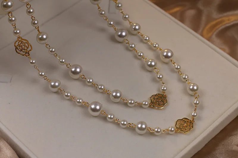 Elegant Vintage Camellia Pearl Long Necklace