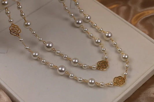 Elegant Vintage Camellia Pearl Long Necklace