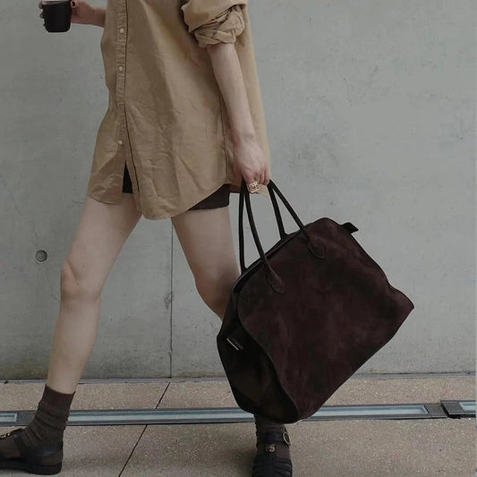 Luxury Brown Suede Handbags with Gold Buckle