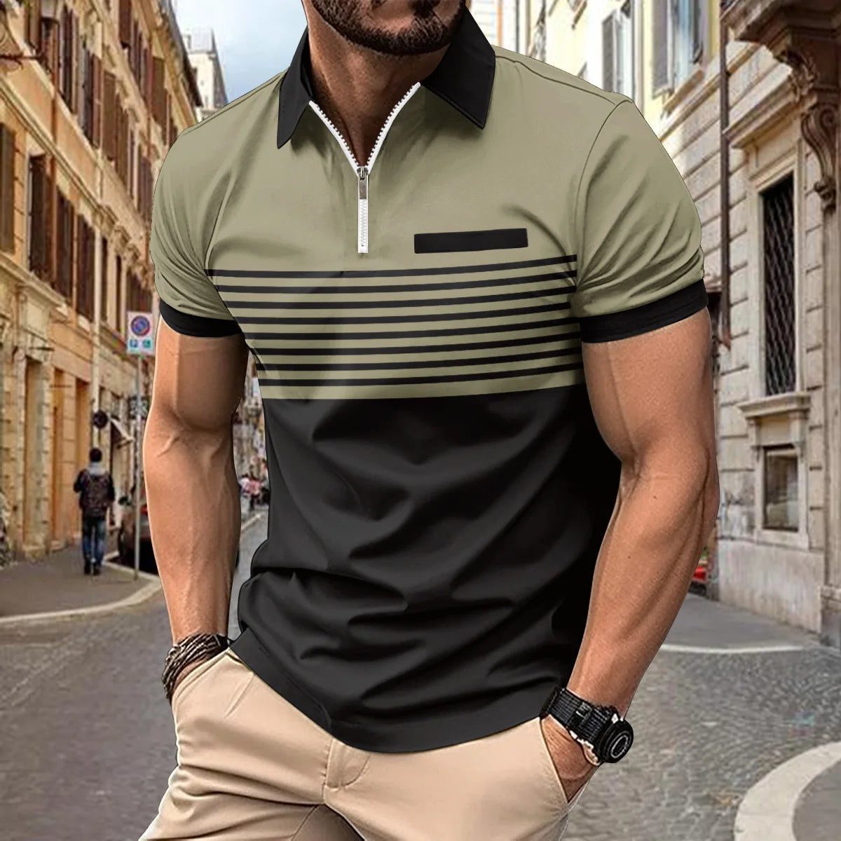 Men's Color Contrast Striped Pocket T-Shirt